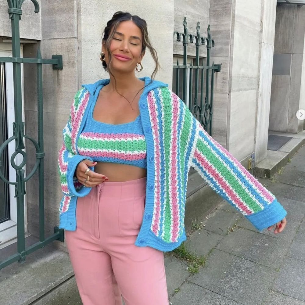 Zara Striped Knit Cardigan & Crop Top Set in Light Blue, Pink, Green, White